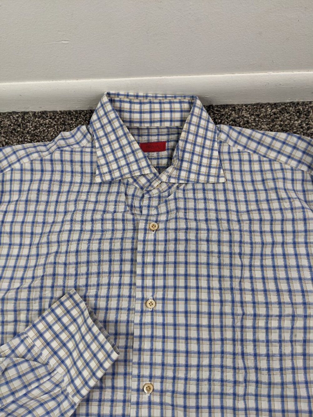 Isaia Napoli Dress Shirt Long Sleeve Button Up Blue Beige Tan Plaid Size 17 | 43